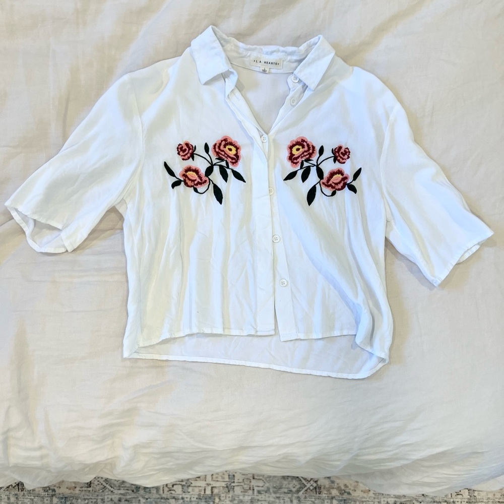 White Button Up Crop Top With Floral Stitching Detail